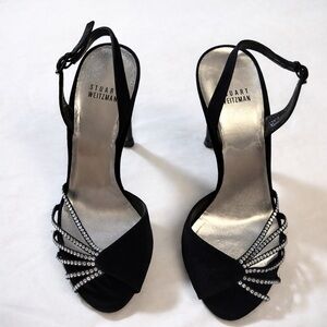 Stuart Weitzman Black Satin Rhinestone Strappy Evening Heels 4” Size 10
